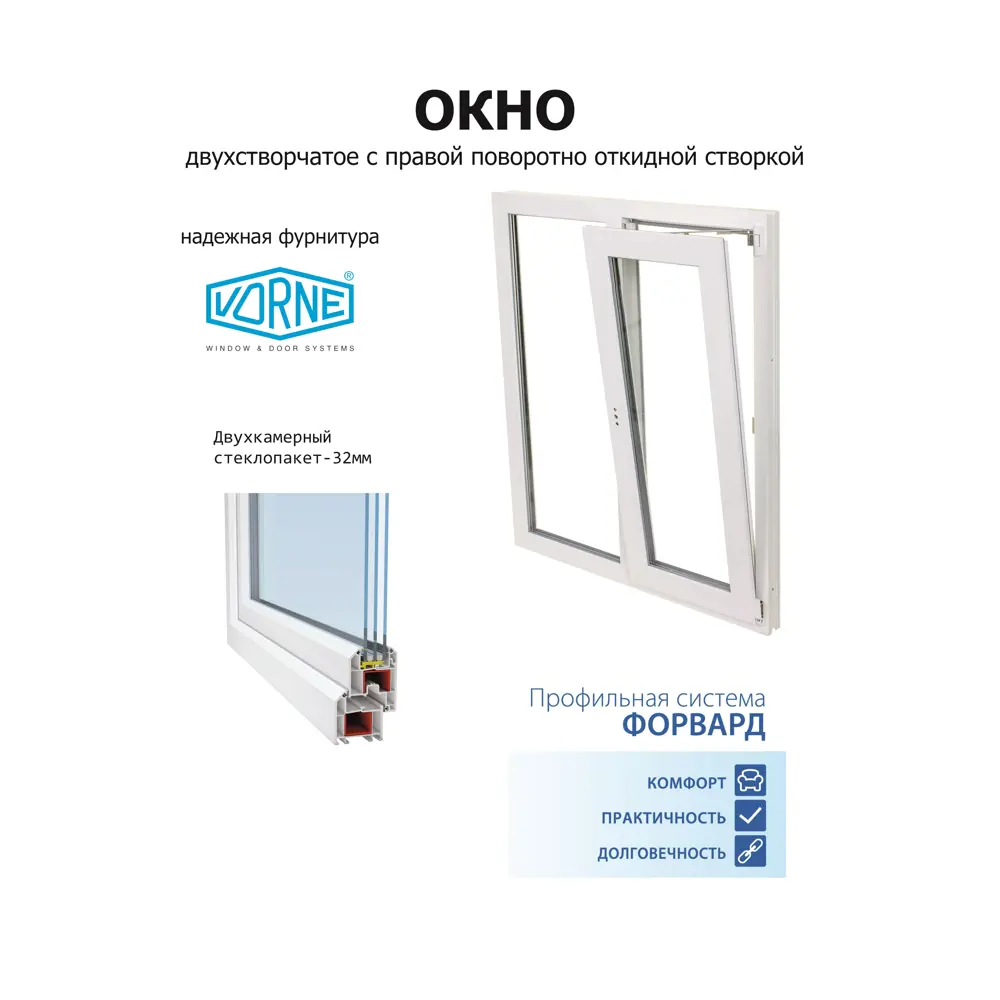 Пластиковое окно ПВХ Brusbox Aero двустворчатое правый 900x1000мм (ВхШ) двухкамерный стеклопакет белый (с двух сторон) в Чебоксарах — изображение 3