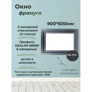 Пластиковое окно ПВХ ТРИ ОКНА 900x600мм фрамуга двухкамерный стеклопакет RAL-7016 в Чебоксарах