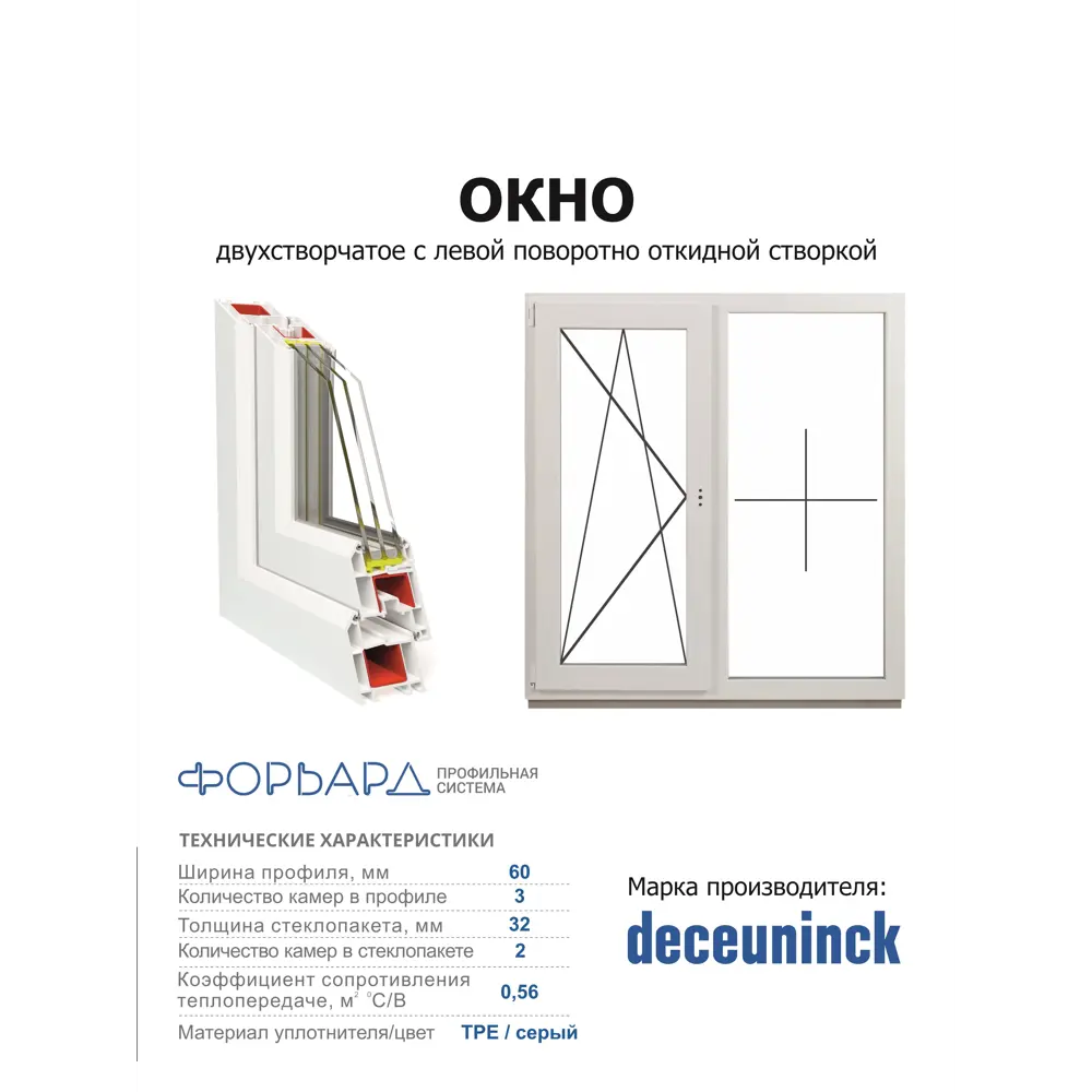 Пластиковое окно ПВХ Brusbox Aero двустворчатое левый 1200x1500мм (ВхШ) двухкамерный стеклопакет белый (с двух сторон) в Чебоксарах — изображение 2