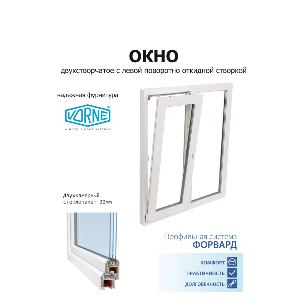 Пластиковое окно ПВХ Brusbox Aero двустворчатое левый 1200x1500мм (ВхШ) двухкамерный стеклопакет белый (с двух сторон) в Чебоксарах — изображение 3